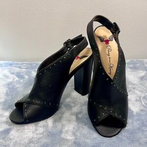Penny Loves Kenny Black Faux Leather Studded Peep‎ Toe Slingback Heels size 7.5